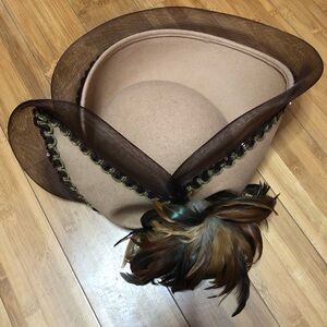Jezebel Tan Hat with Black and Brown Feather Detail